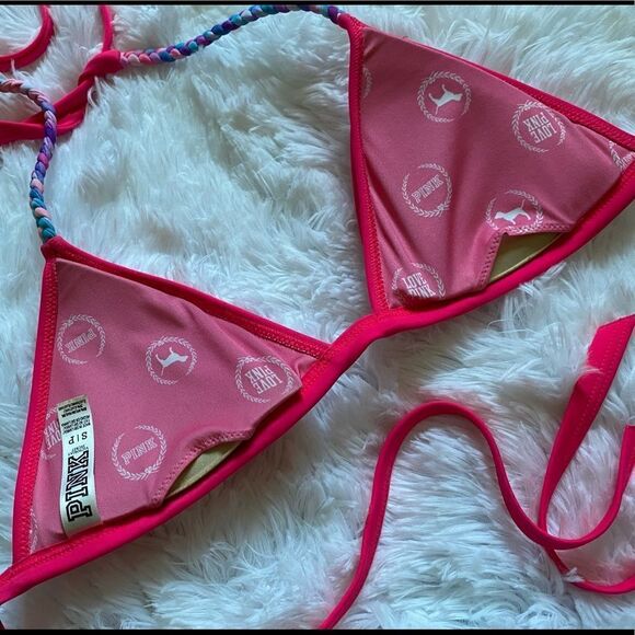 Victoria’s Secret PINK Bikini Top Hot Pink Stringy Women’s Size Small - Picture 4 of 5